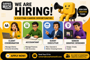 Surprise Machi Hiring 2026 – Client Coordinator, Accountant, Event Executive & Senior Graphic Designer Jobs